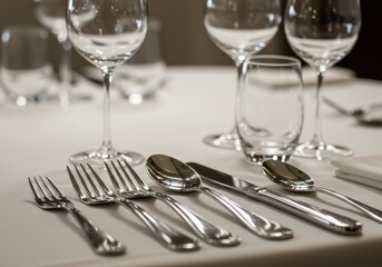 Elegant formal place setting features polished silverware and crystal stemware on a white tablecloth