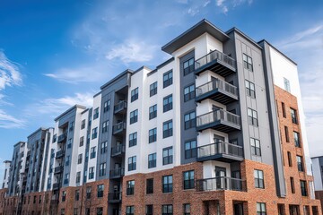 Modern Multi-Story Apartment Building Exterior Against Clear Blue Sky and Brick Facade