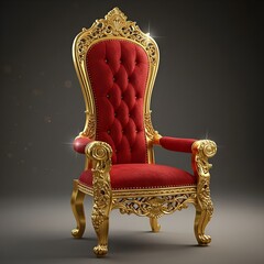 A red and gold throne featuring intricate ornate details, showcasing regal elegance and craftsmanship.