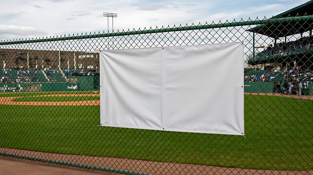 Empty white banner on baseball field fence during game day
