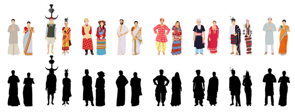 Indian people wearing traditional attire with silhouette vector illustration.