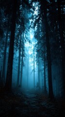 Obraz premium Mystical Dark Blue Forest with Foggy Atmosphere and Sunlight Filtering Through Tall Trees in Atmospheric Lighting Creating an Ethereal Ambience