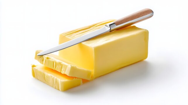 Fresh yellow butter cut into slices with a metal knife featuring a wooden handle ready for culinary use on a bright white background