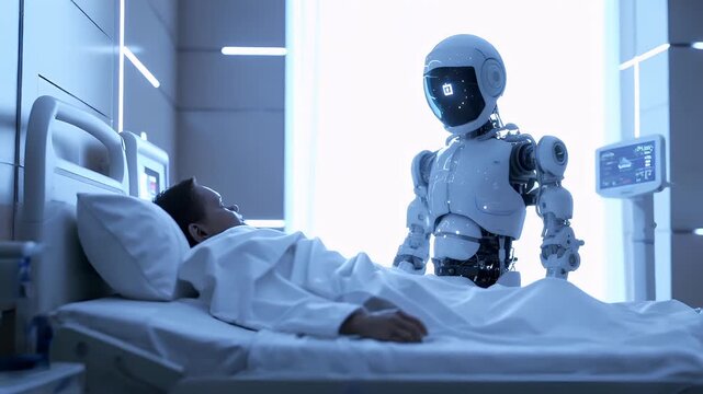 A man in a hospital bed with a robot beside him. The scene is set in a modern hospital room with white walls and a large window that allows natural light to illuminate the room.