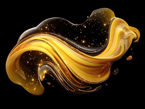 Swirling liquid gold with golden glitter particles against black background
