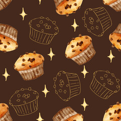 Cute Muffin Seamless Pattern with dark brown background. Watercolor dessert for print and packaging.