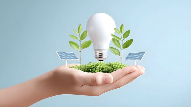 Conceptual image of a hand cupping renewable energy sources including a lightbulb solar panels and growing plants representing eco friendly power and future growth