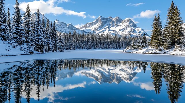 Winter landscape pine trees serene water high resolution picture