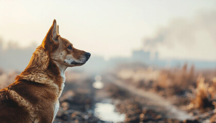 Dog in toxic landscape with smoke in background showing concern and resilience in polluted environment