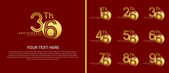 anniversary logo set with circle. gold color on red background for celebration moment