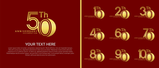anniversary logo set with circle. gold color on red background for celebration moment