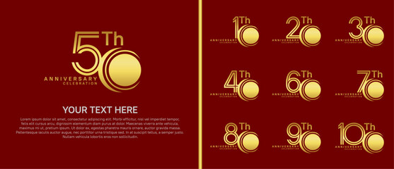 anniversary logo set with circle. gold color on red background for celebration moment