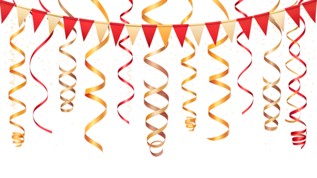 Title: Row of golden and red streamers hanging down on white background