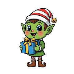 Joyful elf holds present, spreading holiday cheer and festive spirit