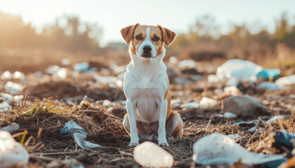 Dog in toxic landscape with plastic waste and pollution, sitting on contaminated ground under sunlight, environmental sadness