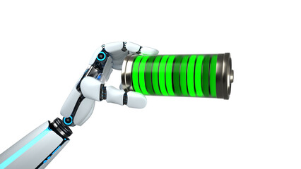 Robot hand green battery. 3D illustration. Transparent PNG file.