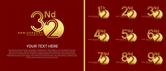 anniversary logo set with circle. gold color on red background for celebration moment