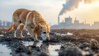 Dog in toxic landscape with industrial pollution and smoke, sniffing muddy ground under dramatic sky, environmental sadness