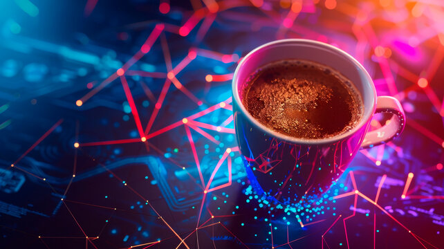 Top view coffee cup on futuristic AI hologram desktop