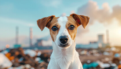 Dog in toxic landscape with pollution and industrial background showing concern and sadness in contaminated environment