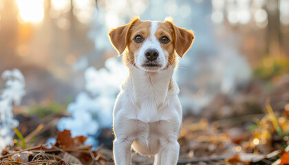 Dog in toxic landscape with smoke and sunlight, alert expression, autumn forest, environmental concern, outdoor scene