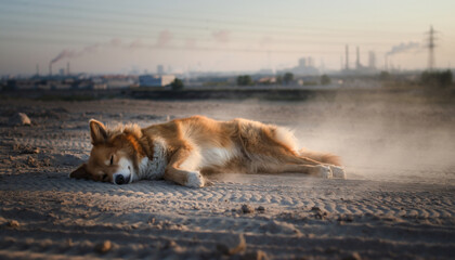 Dog lying in toxic landscape with industrial background, dust and pollution, expressing sadness and loneliness
