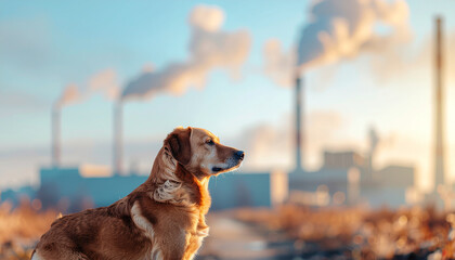 Dog standing in toxic landscape with smoke rising from industrial chimneys under blue sky, environmental pollution concept
