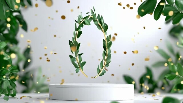 Elegant laurel wreath on podium with green leaves and gold confetti celebrating victory