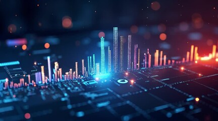 Abstract data analysis visualization showing glowing bar graphs rising from a futuristic circuit board surface representing business metrics finance and big data technology - Powered by Adobe