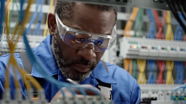 Technician inspects electrical wiring in server room with protective eyewear