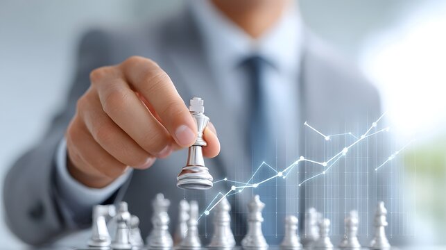 Professional hand holding a silver chess king poised over a game board with a digital growth chart projected signifying strategic decision making in finance or corporate development - Powered by Adobe