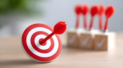 Precision dart hits bullseye on target embodying success and clear objectives  Blurred background elements of checkmarks and darts suggest strategic planning and task completion