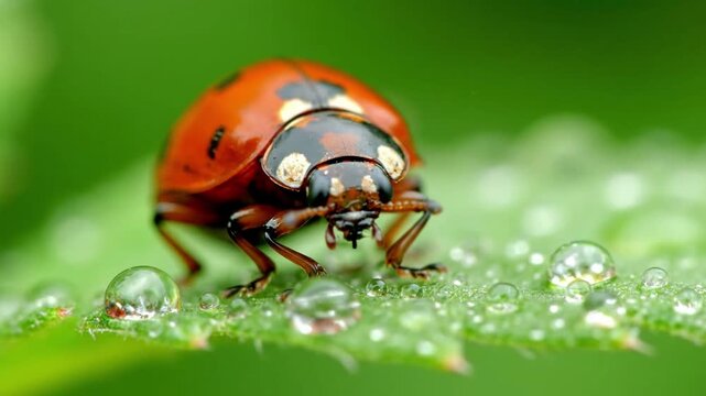 Intricate macro details of a ladybug's exoskeleton and antennae, highlighting its unique patterns and textures on a dew kissed leaf. Detail oriented observation of insect anatomy