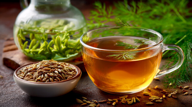 A cup of fennel tea and a small bowl with cumin seeds
