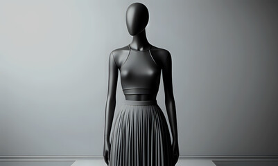 Minimalist matte black mannequin in sleeveless crop top and pleated skirt standing against neutral gray background, modern fashion display with elegant shadows and soft monochrome tones.