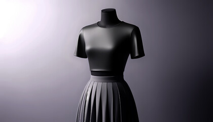 Minimalist matte black mannequin in sleeveless cropped t-shirt  and pleated skirt standing against neutral gray background, modern fashion display with elegant shadows and soft monochrome tones.