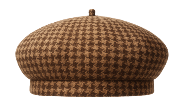 Brown and beige houndstooth tweed beret.