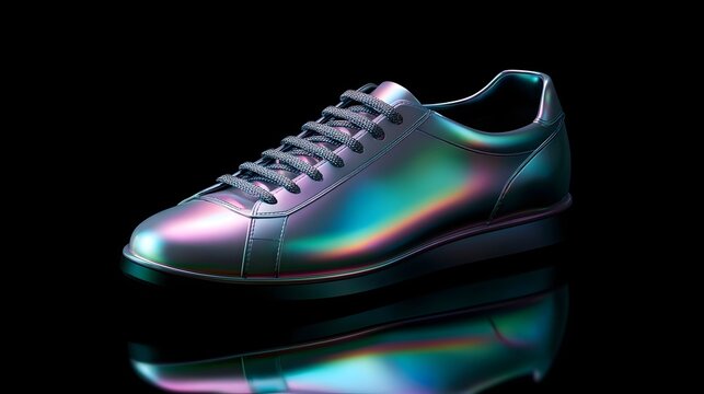 Detailed 3D digital art of a modern iridescent holographic sneaker with a color shifting metallic finish isolated on a black background with reflection