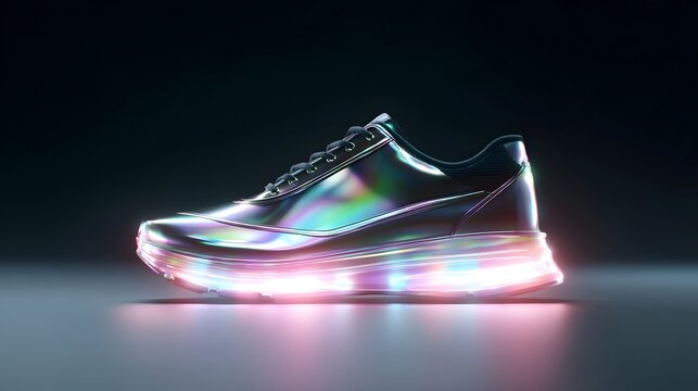 A modern holographic effect sneaker with a thick light up sole emitting vibrant neon colors presented to emphasize its dynamic technological fashion appeal