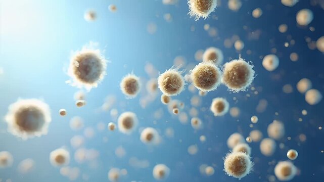 Spring pollen season. Allergy. A closeup view of microscopic organisms against a blue background. The organisms are clustered together, with some appearing as small, round, and translucent spheres.