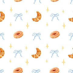 Elegant Dessert Seamless Pattern of Donut, Croissant, and Blue Bow.