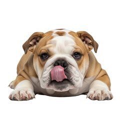 Cute English bulldog dog breed puppy with tongue sticking out, adorable pet of the dog species lying down on the floor, animal concept 29