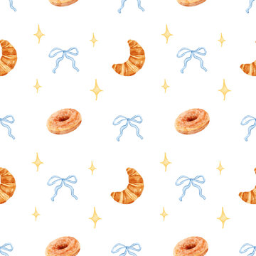 Elegant Dessert Seamless Pattern of Donut, Croissant, and Blue Bow.
