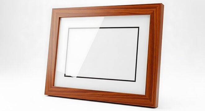 Stylish Wooden Photo Frame with Blank White Mat and Reflective Glass on White