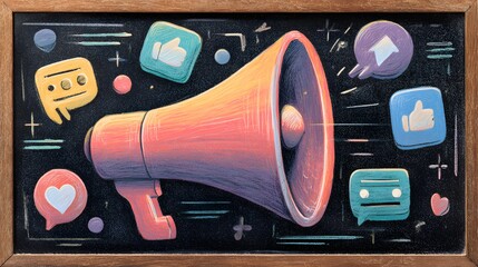 Vibrant announcement device surrounded by digital interaction symbols on a chalkboard
