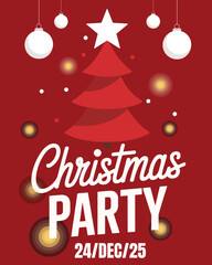 Festive Christmas Party Invitation Design Featuring a Stylized Tree and Ornaments on a Red Background for Holiday Celebrations