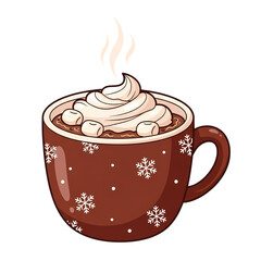 Warm steaming mug of hot chocolate with whipped cream and marshmallows
