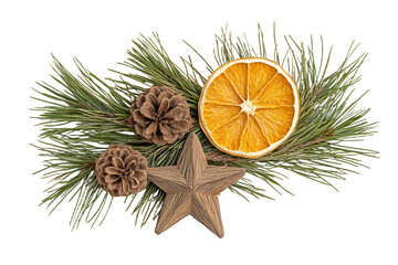 Dried Orange Slice Pine Branches Cones Star Decoration on Transparent