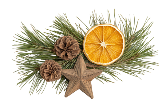Dried Orange Slice Pine Branches Cones Star Decoration on Transparent