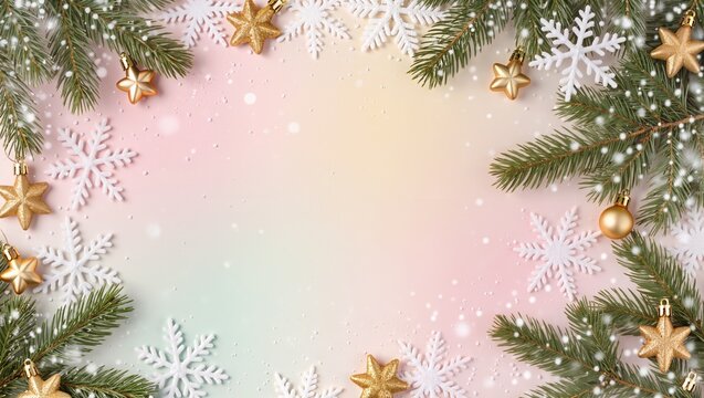 Light pastel Christmas background with spruce twigs, golden ornaments, and soft bokeh. Central space left clear for text or product display. Warm festive composition